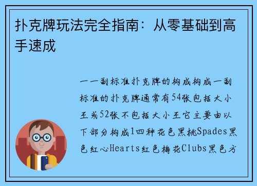 扑克牌玩法完全指南：从零基础到高手速成